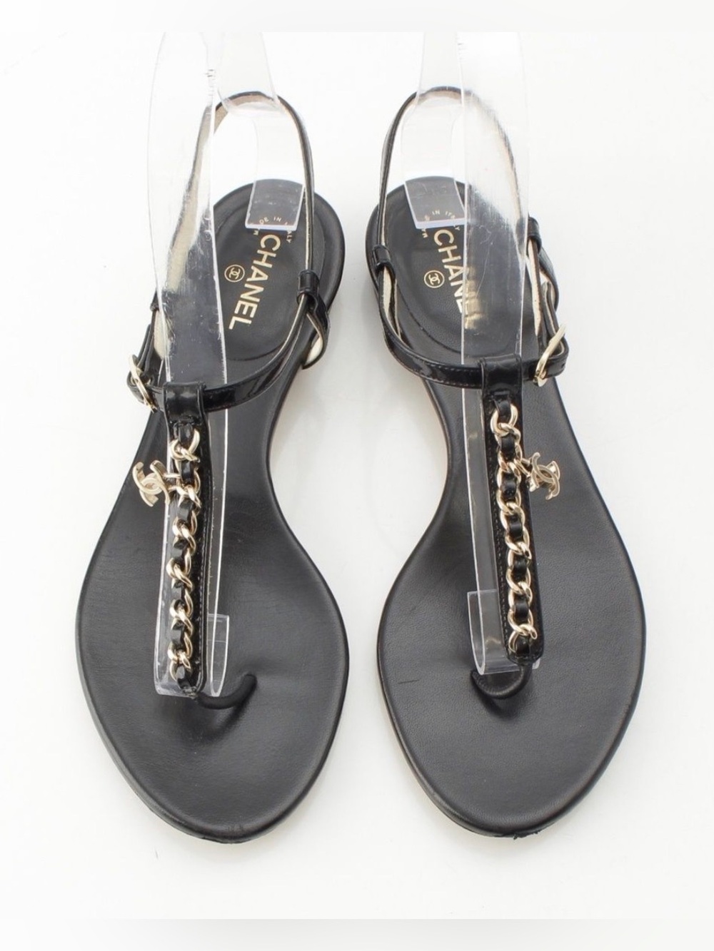 Chanel Black & Gold Chain CC T-Strap Sandals/ Size EU 36 1/2